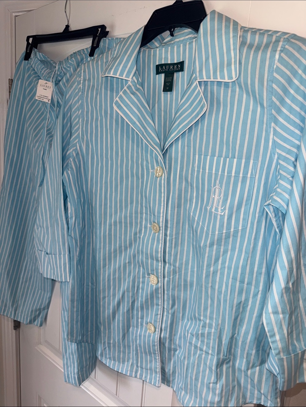 Lauren Ralph Lauren Striped 100% Cotton Pajama Set Capri Blue Medium - Picture 7 of 12